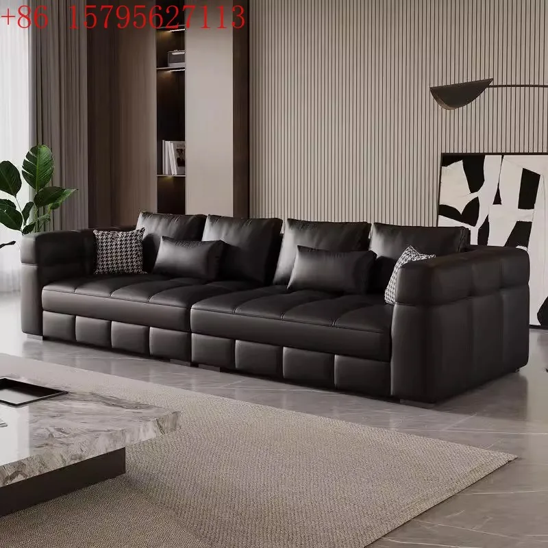 

Leather sofa first layer cowhide combination Italian minimalist living room three or four people straight row sofa
