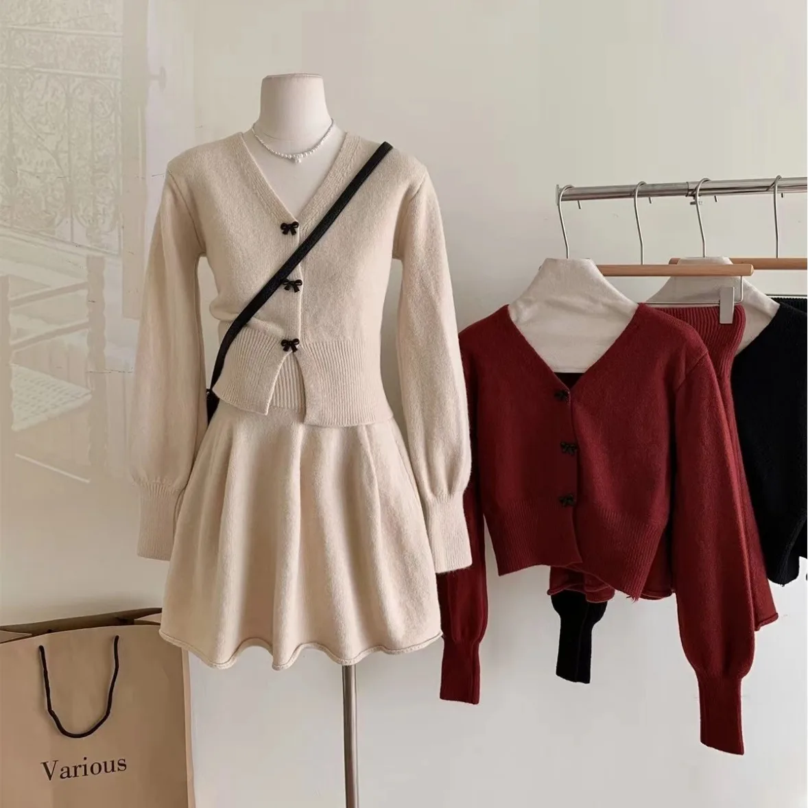 Elegant Plaid Knitted 2 Pieces Sets Women Long Sleeve Knitwear Pullover Tops Korean High Waist Slim Skirt Ensembles E1297