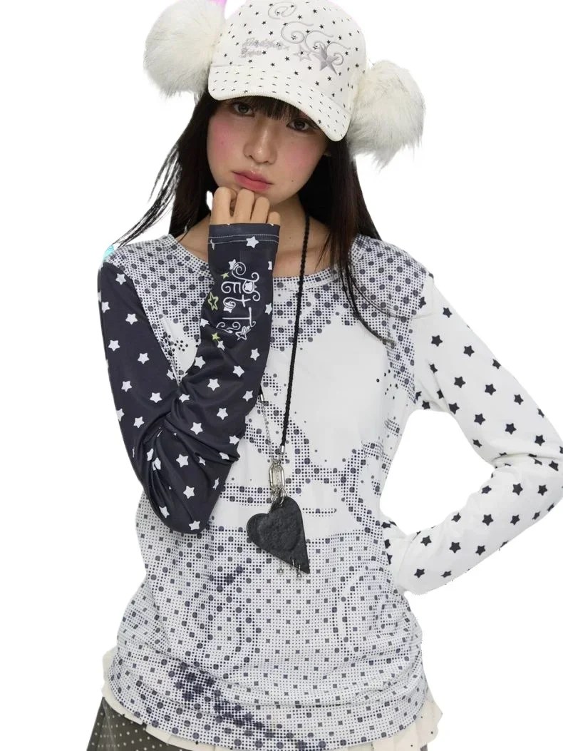 

Новая футболка с длинным рукавом 2026 года в стиле American Spice Girl, с мелким принтом, аниме-пиксельным дизайном и анимационными элементами, облегающая, в стиле Ins