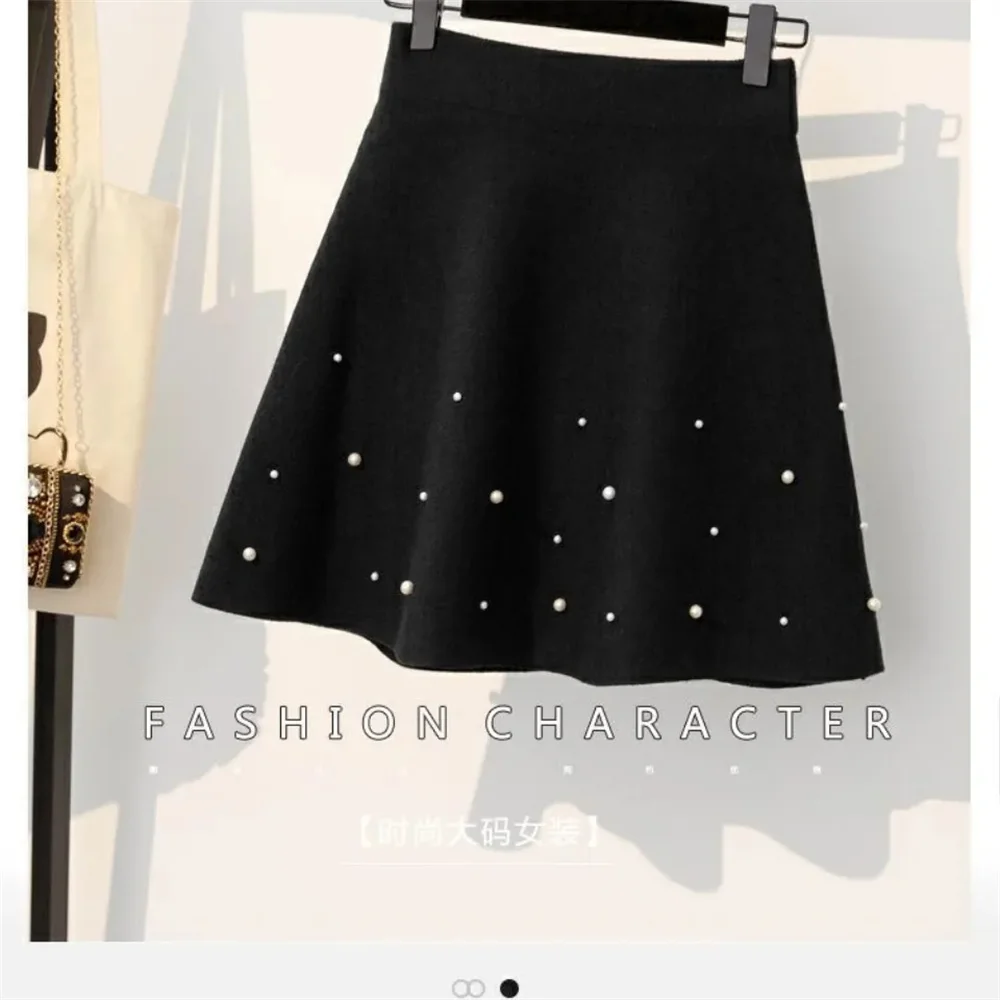 Casual Knitted Elastic Waistband Studded Short Skirt Women's Short Skirt Autumn/Winter Korean Version High Waist Slim A-line Ski