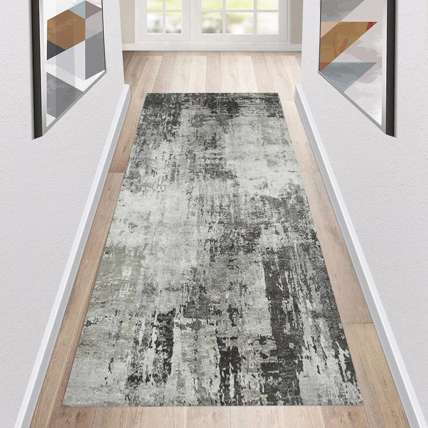 Modern Abstract Gray Runner Rug, Industrial Black White Kitchen Floor Mat, Non-Slip Washable Entrance Rug for Hallway Bedroom