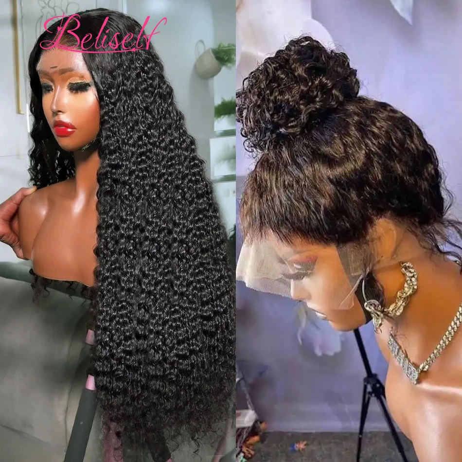 Beliself-Perruque Full Lace Wig 360 naturelle, cheveux humains, Deep Wave, 13x6, HD, densité 300, 360