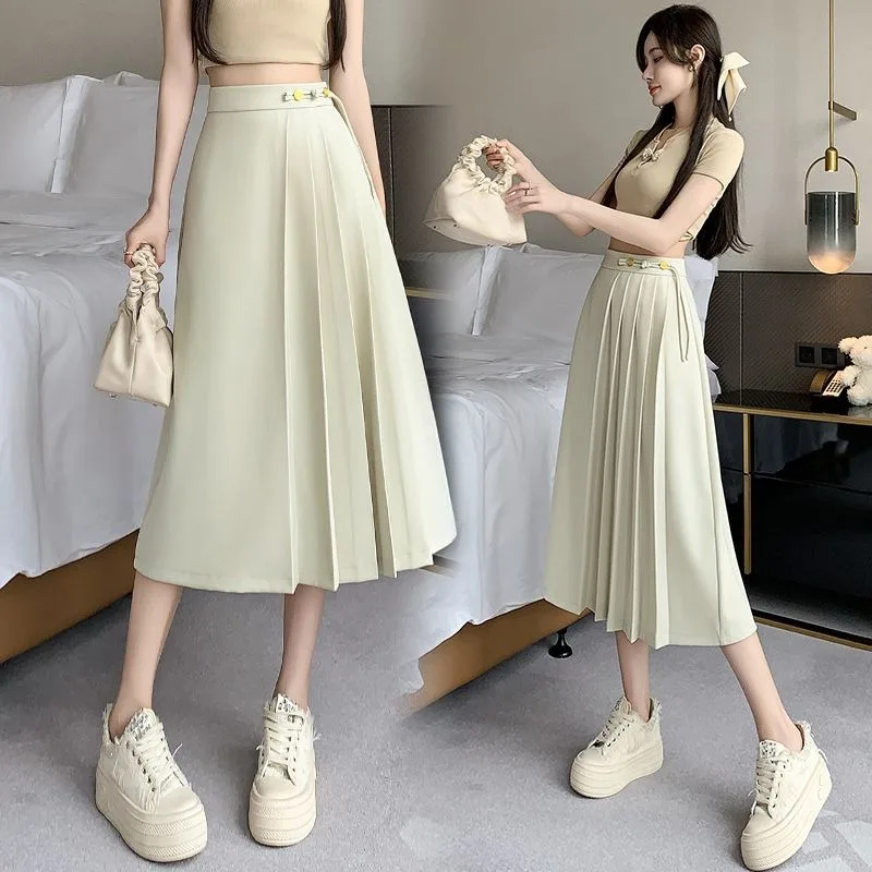 New Fashion Summer Women's Skirt Chinese Style Elegant Loose Retro High Waist Slim Solid Color Pleated Suit Skirts Office Lady