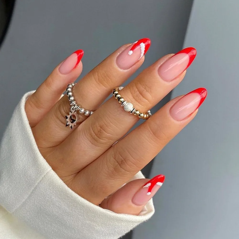 Fashion Christmas French Fake Nails Wearable Manicure Full Cover Press on Nails Almond Nail Tips Women