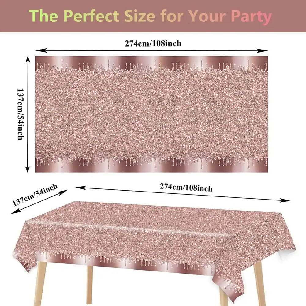 1Pc Rose Gold Birthday Party Tablecloths Sequin Glitter Printed Plastic Table Cover Birthday Background for Wedding Anniversary