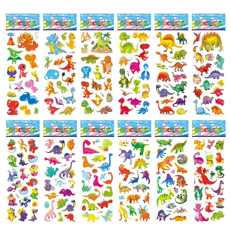 12 Sheets/Set Cartoon Stickers for Kids Dinosaur Animal 3D Waterproof PVC Sticker Craft Scrapbooking DIY Decoration