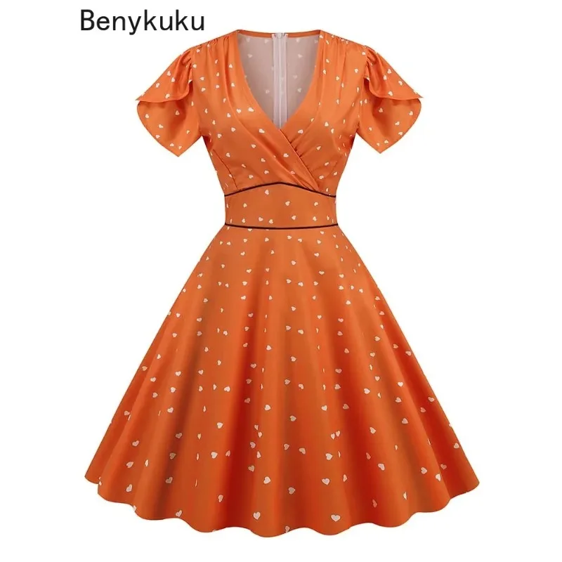 

Vintage 50s 60s Swing Rockabilly Dress Women Casual Summer Robe Femme Pin Up Tunic Sundress Short Sleeve V Neck Party Dresses