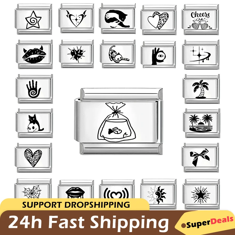 Wholesale Funny Y2K Cat Coconut Tree Star Lip Tai Chi Italian Laser Engraving Charm Fit 9mm Stainless Steel Bracelet DIY Making