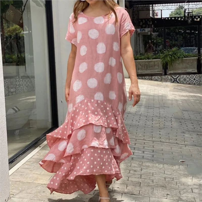 Fashion Polka Dot Print Short Sleeved Women's Dresses Summer New Casual Loose Overlapping Large Swing Female Elegant Long Dress