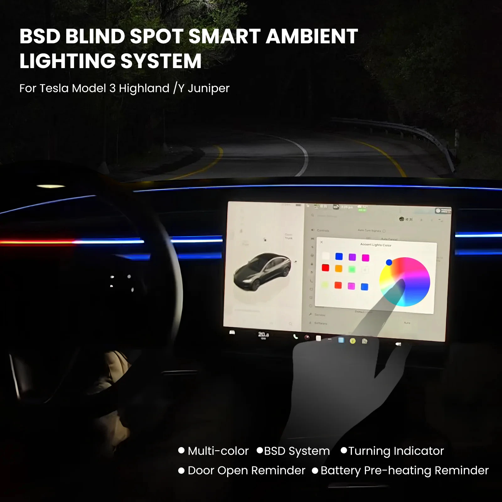 

2-in 1 Smart Air Vent Ambient Light System Blind Spot Monitoring BSD System for Tesla Y Juniper Model 3 Highland Warning Lamp