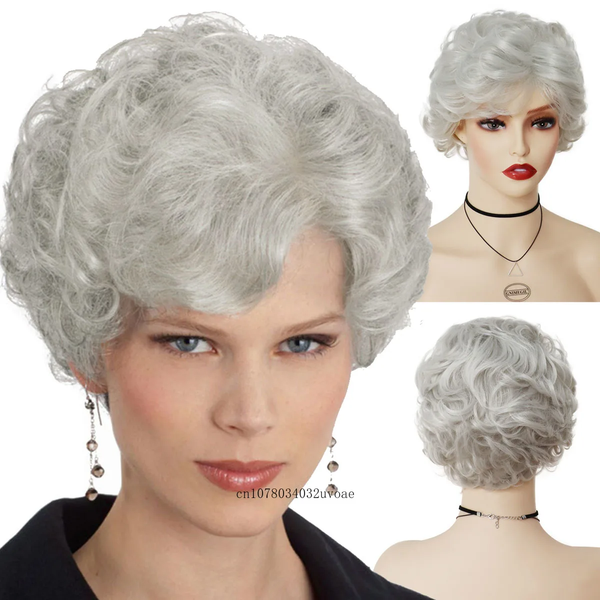 Short Curly Wig for Women Synthetic Light Grey Wig with Bangs Natural Fluffy Haircut Daily Ladies Cosplay Costume Elderly Wigs