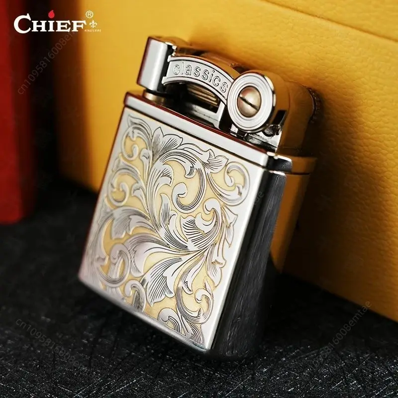 CHIEF new press button ignition fuel lighter, brass carved lighter, cigarette accessories, men's gift