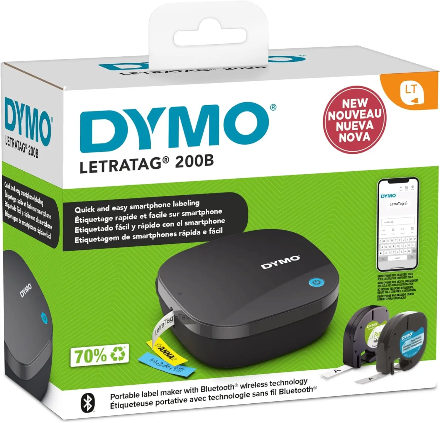 DYMO LetraTag 200B Bluetooth Label Maker Wireless Compact Label Printer compatible to iOS and Android with 1 label