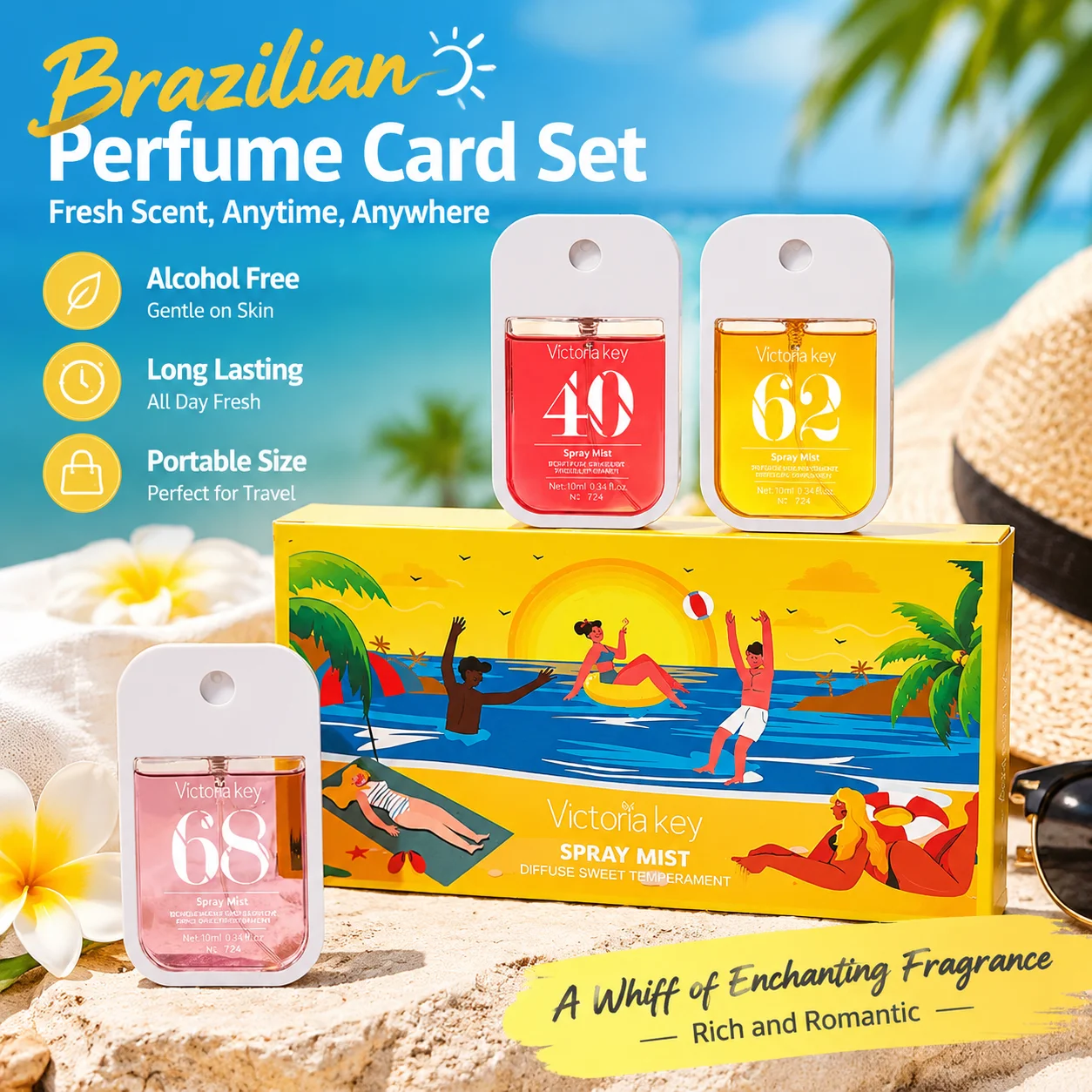 アルコール不使用のブラジル製デジタル香水カードセット。ヘアミストとしても使用でき、香りが長持ち。持ち運びにも便利な旅行用サイズで、女性へのギフトに最適。