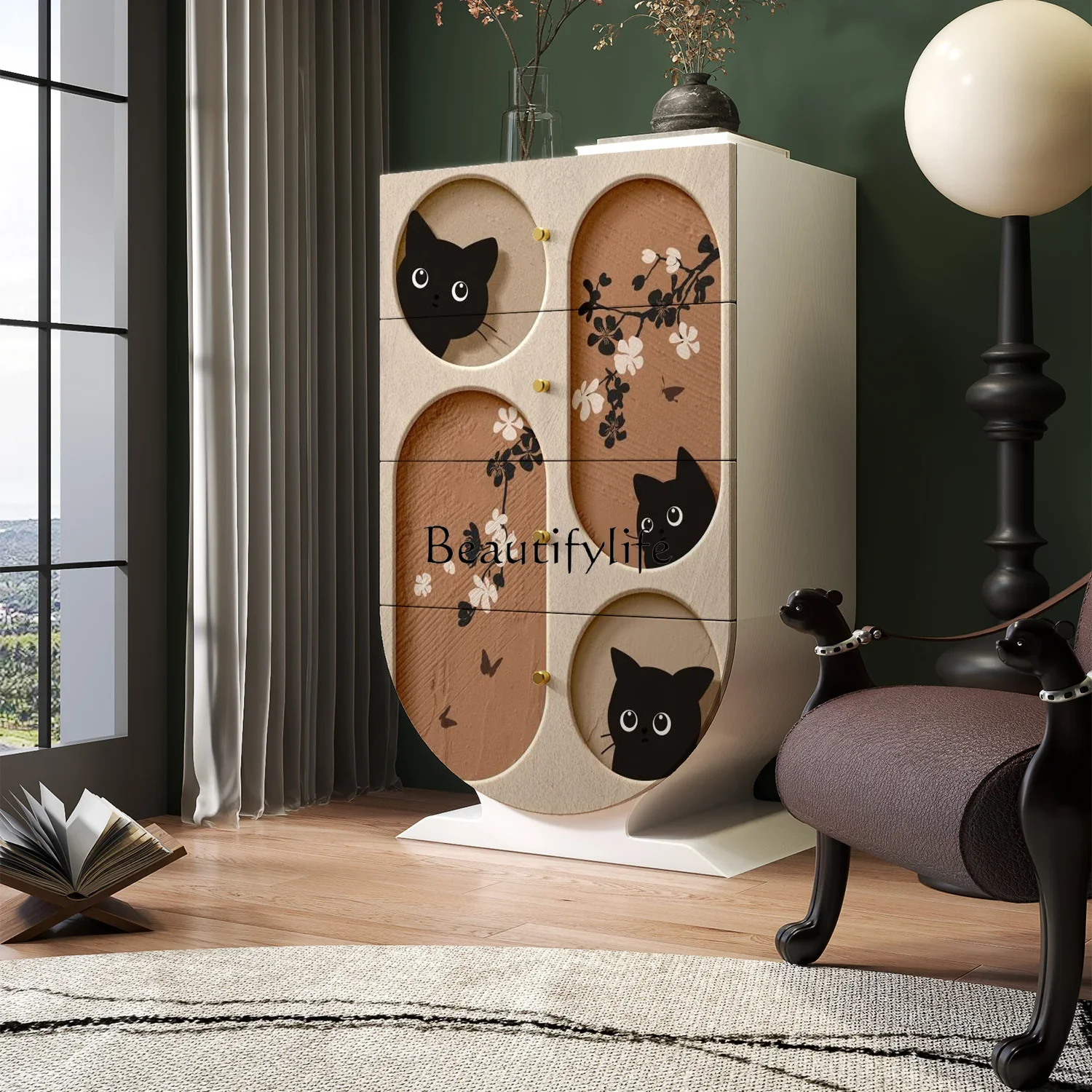 yj7 Art retro solid wood dining side porch cabinet living room bedroom integrated locker