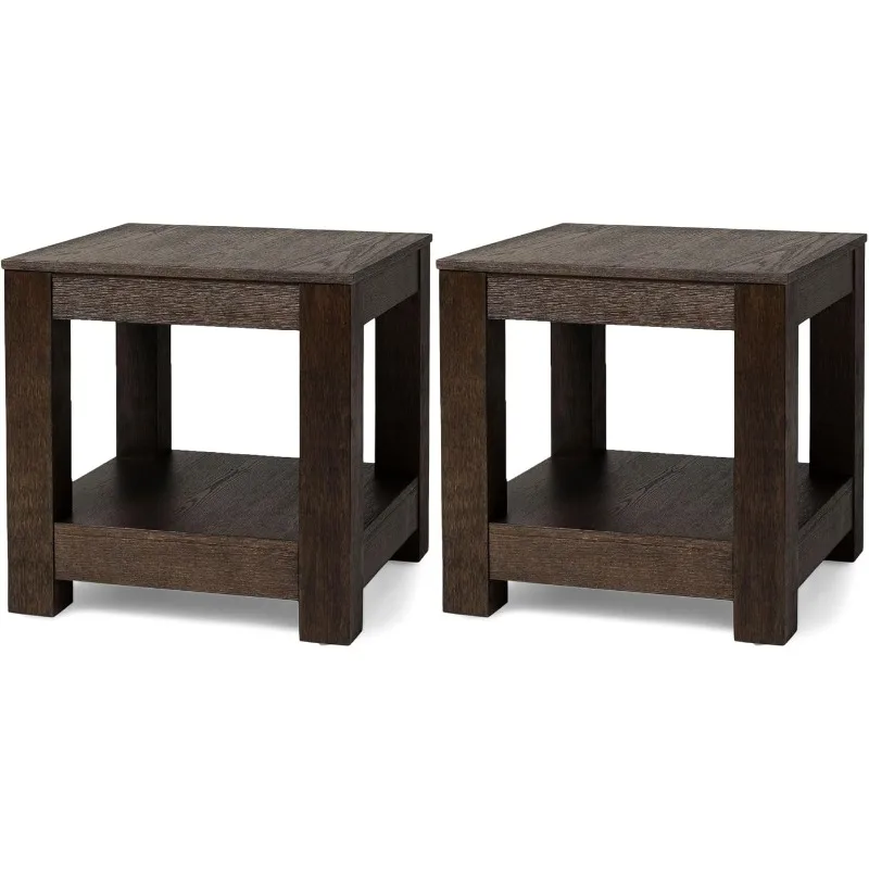 2 Tier Square Rustic Wood Side Table with Shelf Storage for Living Room or Small Space, Weathered Brown Finish, Set of 2