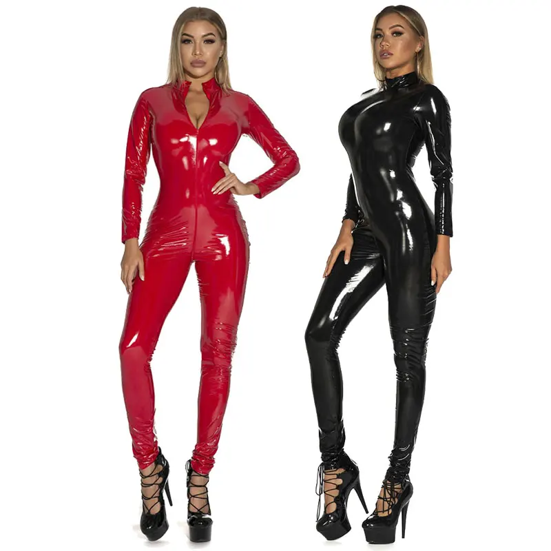 Sexy Hot Women Faux Leather Catsuit PVC Latex Bodysuit Front Zipper Open Crotch Jumpsuits Stretch bodystocking Leather Jumpsuit