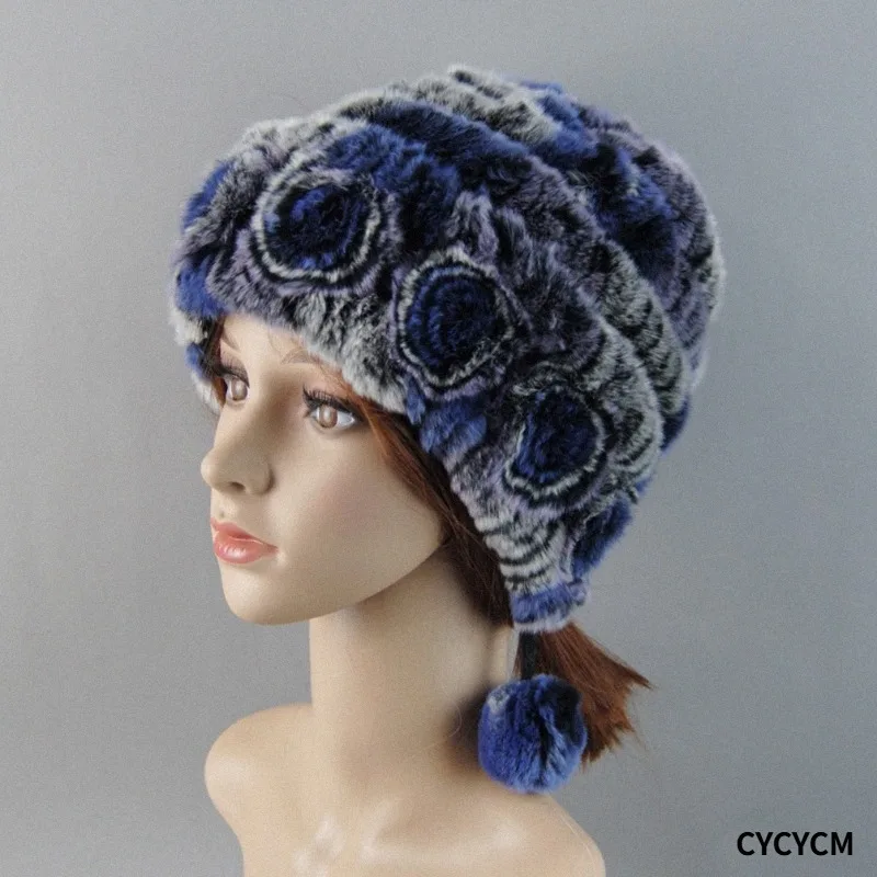 Hot Sell Russian Women Knit Thick Real Rex Rabbit Fur Skully Hat Ladies Winter Warm Fluffy Natural Rex Rabbit Fur Elastic Hats
