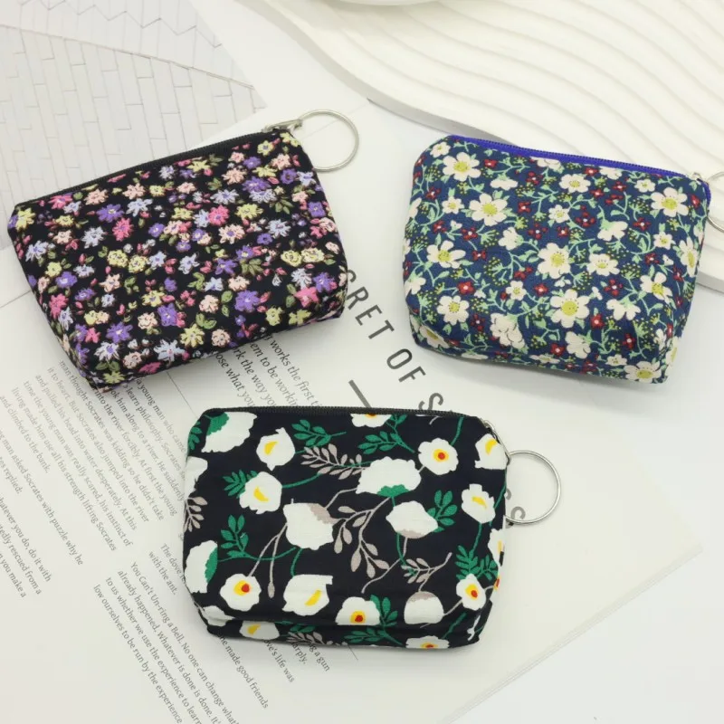 24pcs Random Color Unisex Floral Canvas Coin Purse Card Key Mini Purse Pouch Canvas Bag Small Zipper Coin Wallet