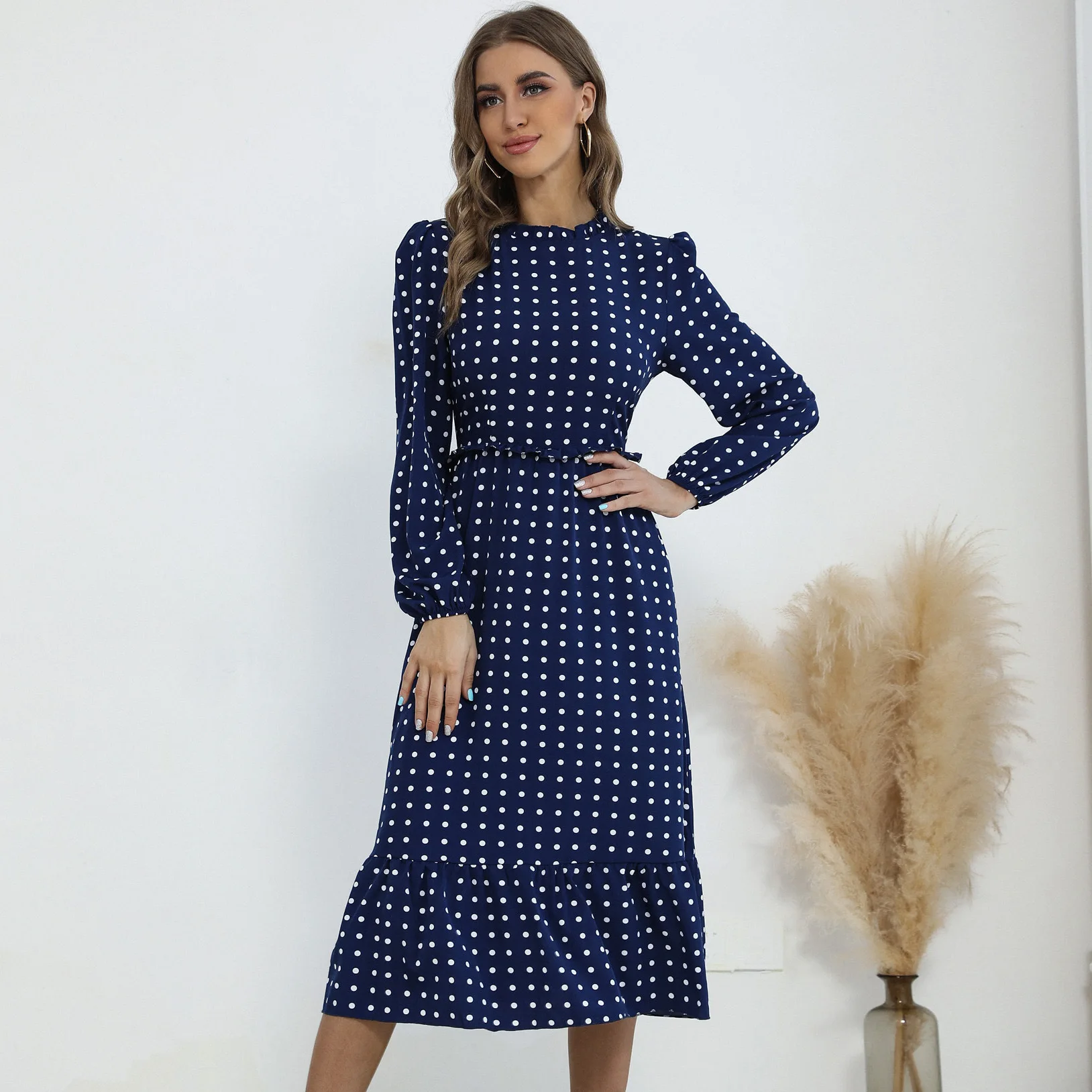   Herbst Commuter Sle Long Sve Polka Dot Dr Vintage A-Linie Rock Polyester Stoff Druck Reiten Reißverschluss