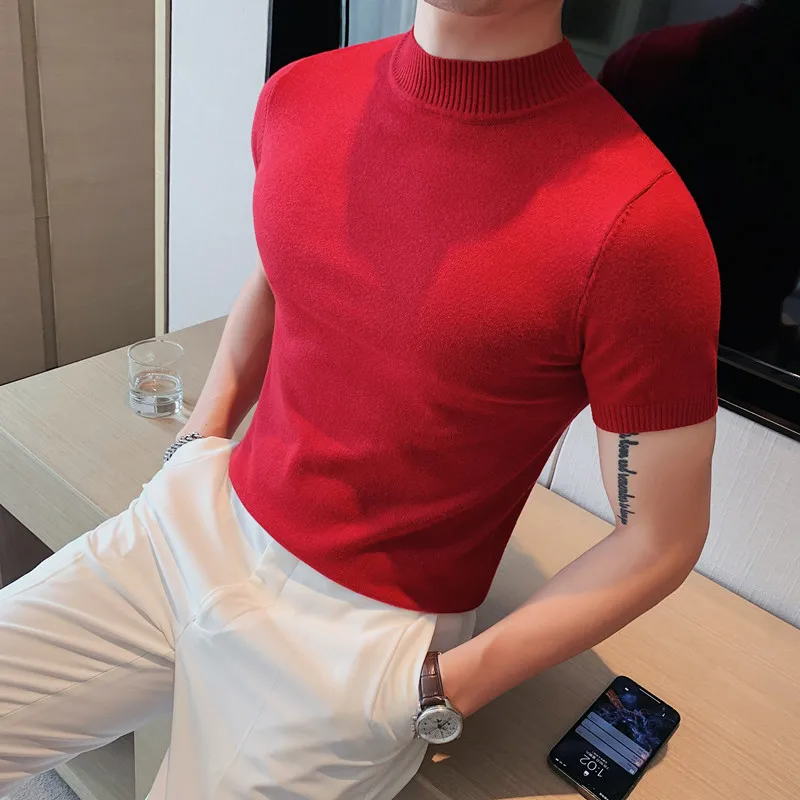 2022 Brand Pullovers Clothing Men\'s Summer Leisure Knitted T-shirt/Male Slim Fit Turtleneck Knit Sweaters/Man Tee Shirt Homme