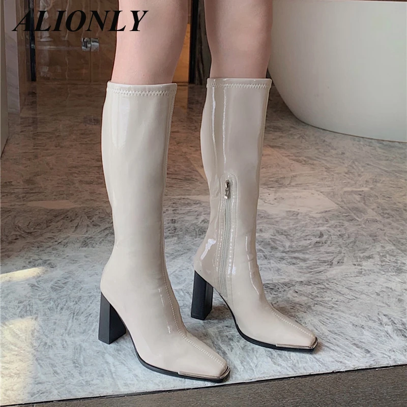 Alionly 2024 New Patent Leather Square Toe High Top Boots Look Slim Knight Boots for Women With Thick Heels And High Heels