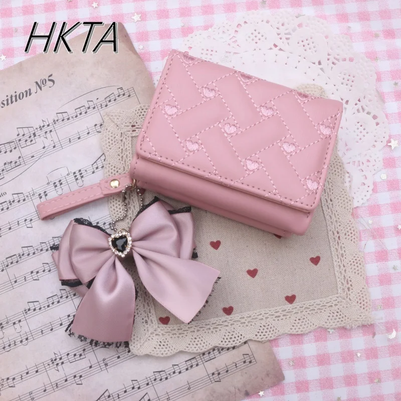 

Handmade Japanese Bags Sweet Cute Lace Bow Pendant Pu Love Embroidery Three Fold Large Capacity Wallet Women Lolita Girls Wallet