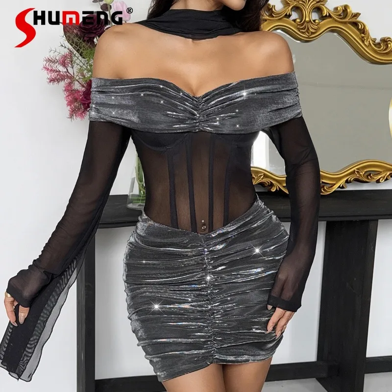 Długa, prześwitująca sukienka bodycon z długim rękawem dla kobiet, seksowna sukienka do klubu nocnego, wyszczuplająca sukienka z siateczki z elementami patchworkowymi.