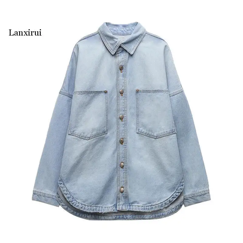 

Spring Denim Shirt Coat Women Long Sleeve Pocket Cardigan Streetwear Jean Jacket Harajuku Cowboy Outwear Tops