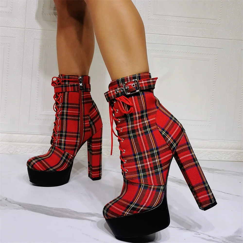 New Red Tartan Design Ankle Boots Lady Fashion Increasing Heel Spring Boots Sexy Female Platform Shoes With Buckle and Strap