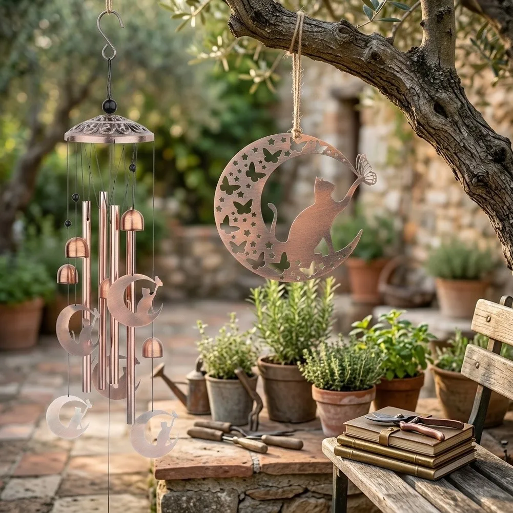Moon Cat Wind Chimes Metal Tube Brass Color Outdoor Garden Decor For Mom Memorial Animal Bell Hanging Ornament