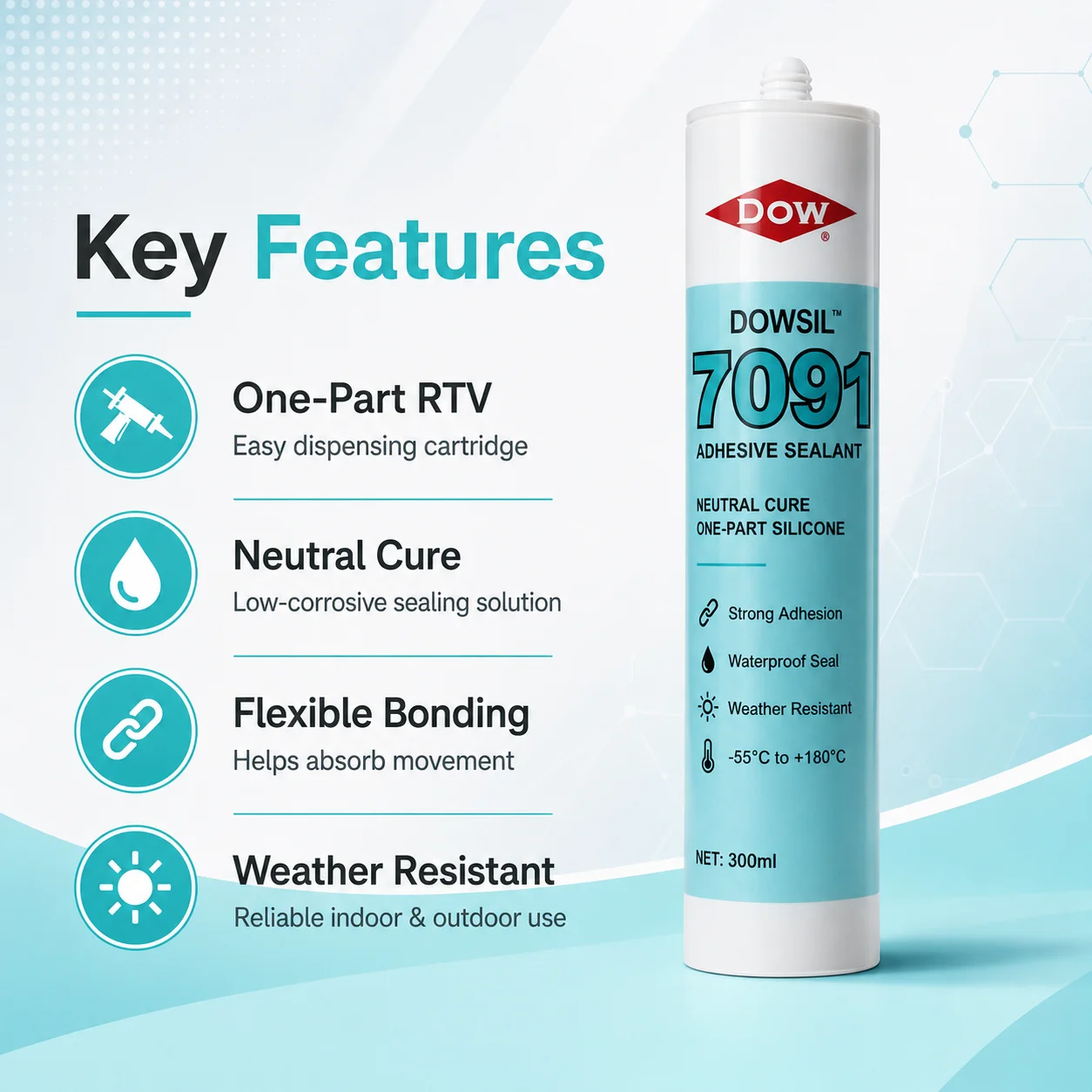 DOWSIL 7091 310ml Neutral Cure RTV Silicone Adhesive Sealant Flexible Bonding for Glass Metal Plastic