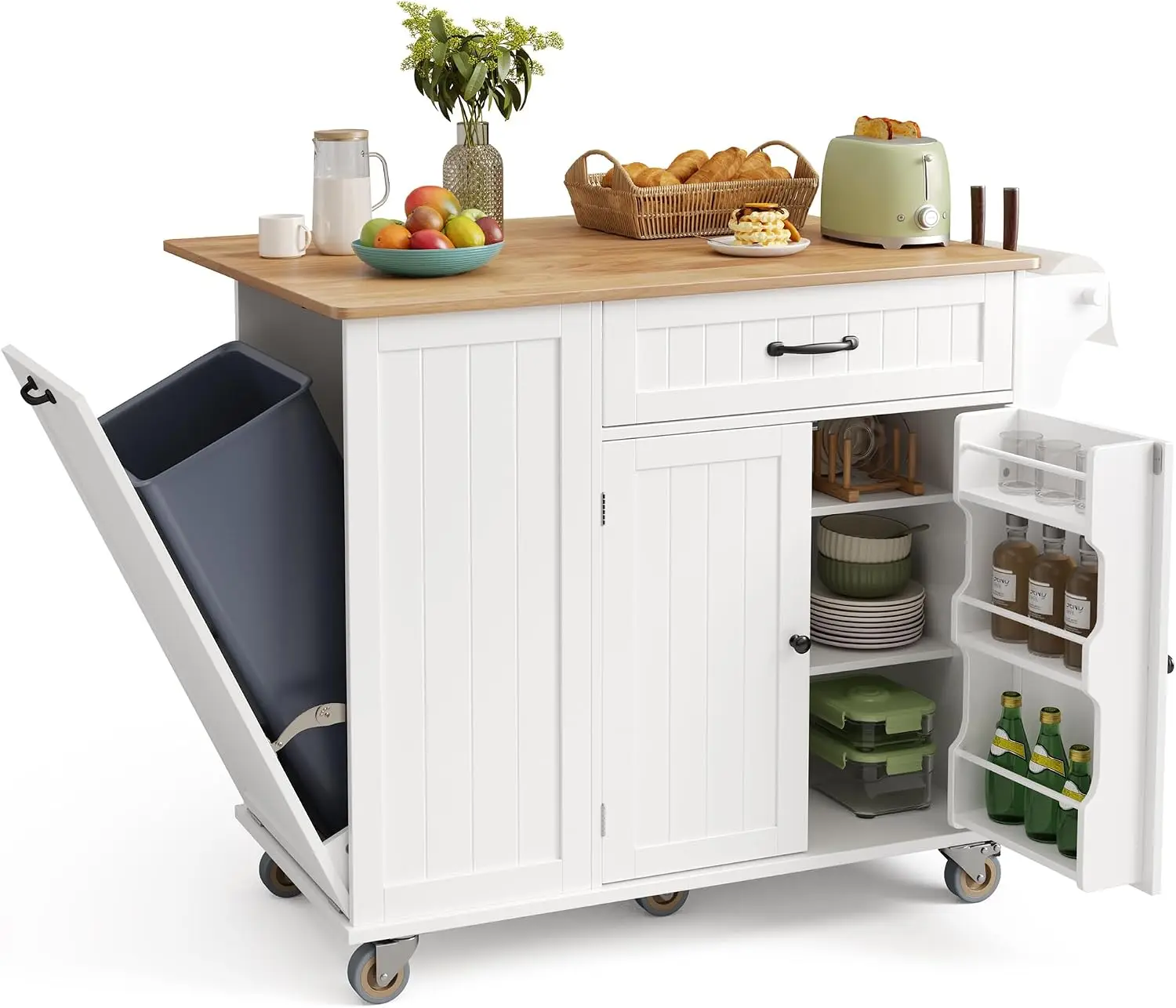 White Rolling Kitchen Island Cart with Storage & Built-In Trash Compartment, 44.49 Inch Drop Leaf Rubberwood Countertop, Equipped with Drawer, Adjustable Shelf, Knife Holder, Spice Rack & Towel Bar