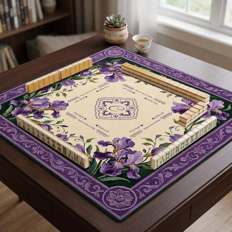 VIKAMA Purple Iris Vintage Carved Mahjong Mat Golden Trim Non Slip French Palace American Mahjong Poker Pad