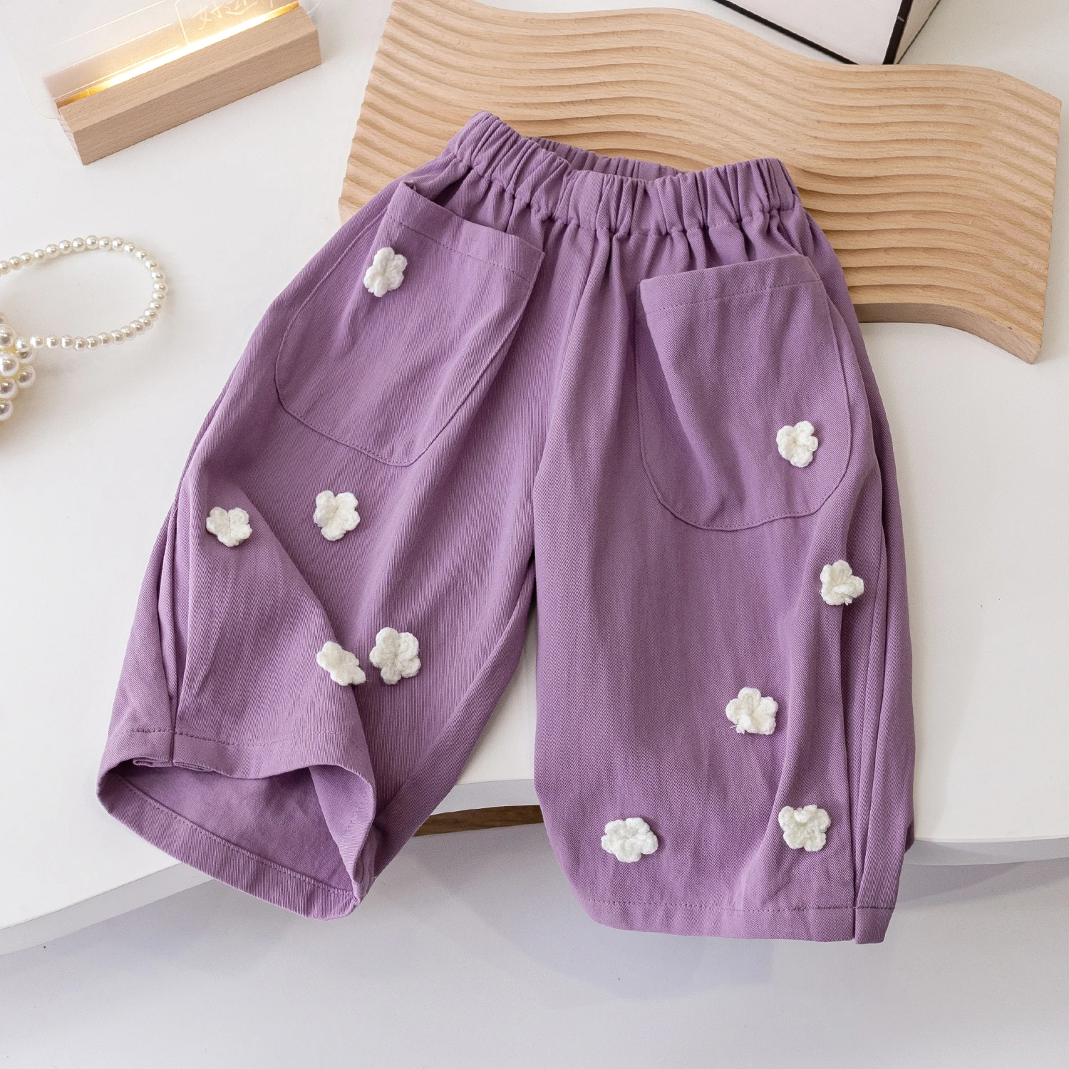 Sweet Girls Purple Pants Spring Summer Elastic Waist Flowers Appliquet Loose Casual Wide Leg Pants Girls Trousers