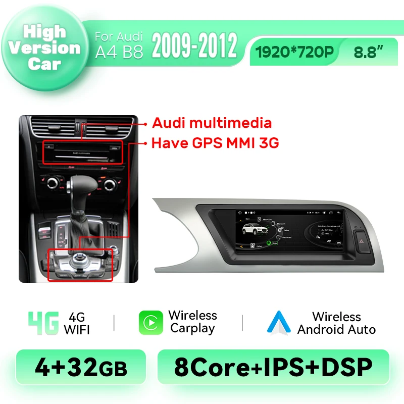 AI Voice Draadloze Carplay Auto Multimedia Speler Voor Audi A4 2009-2016 Android 14 4G WIFI BT GPS Navi DSP Androidauto 128G Stereo