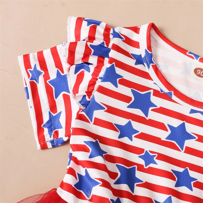 Patriotic Celebration Red White Blue Star Print Sleeveless Dress Matching Hair Bow for Girls Independence Day