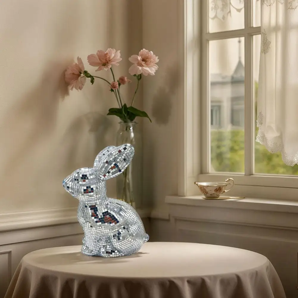 Statua con sfera a specchio riflettente con coniglio da discoteca per feste di Pasqua, statuetta con finitura a specchio da discoteca coniglietto ornamento da tavolo per la casa dicembre S8I1