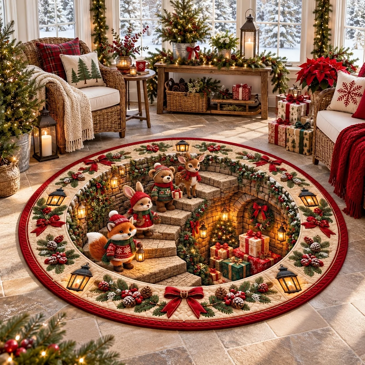 1pc 2D Flat Round Floor Mat, Christmas Animals & Gift Box Printed Rug, Holiday Home Decor, Suitable for Living Room