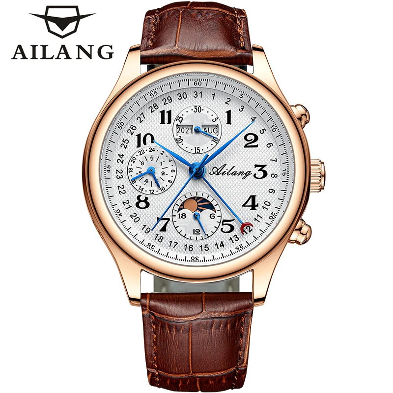 

AILANG брендовые роскошные многофункциональные механические часы мужские кожаный ремешок водостойкие автоматические наручные часы с датой недели и фазой Луны мужские