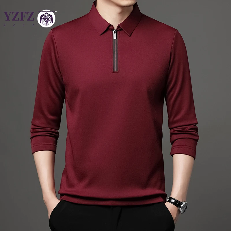 Solid Color Long Sleeve Polo Shirt Fashion Zipper Men\'s Polo Neck Top Cotton Polo Collar Long Sleeve T-shirt