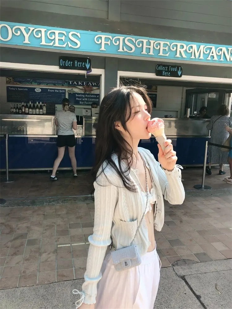 Dongdaemun Acht Milch Barnnet Gestrickte Wrap Pullover Set frauen Sommer Vibes Süße Aosphere Gebunden Waisetaanget Outfit