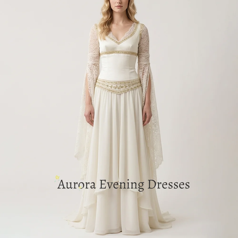 Aurora Elegant Vintage V‑Neck Bell Long Lace Sleeve Wedding Dresses for Women Gold Beaded Trim A‑Line Chiffon Bridal Gown 2026