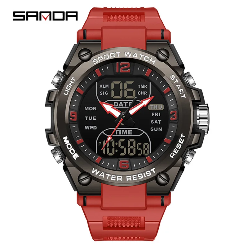 ساعة SANDA الرياضية الإلكترونية للرجال في الهواء الطلق مقاومة للماء وإضاءة ليلية وعرض مزدوج وتوقيت متعدد الوظائف وساعة إلكترونية للطلاب