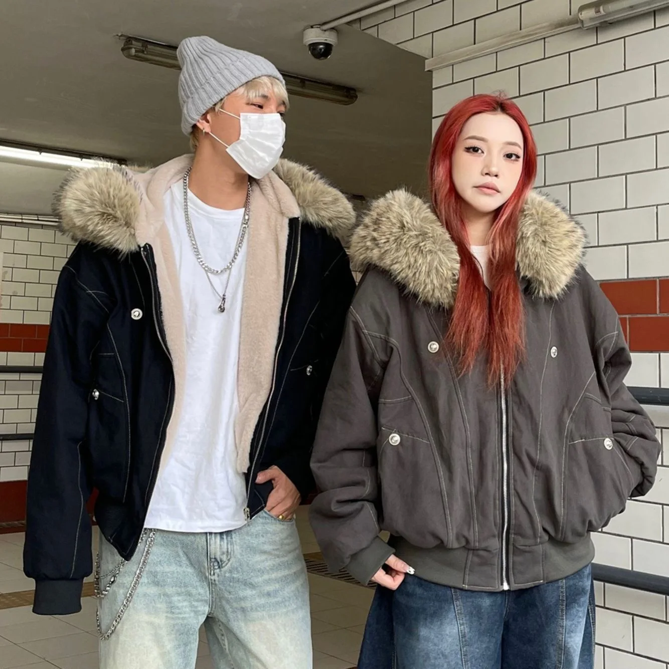 Winter Women's Y2K American Retro Campus Style Short Cotton Padded Coat Faux Fur Collar Hooded Thicken Ropa Mujer