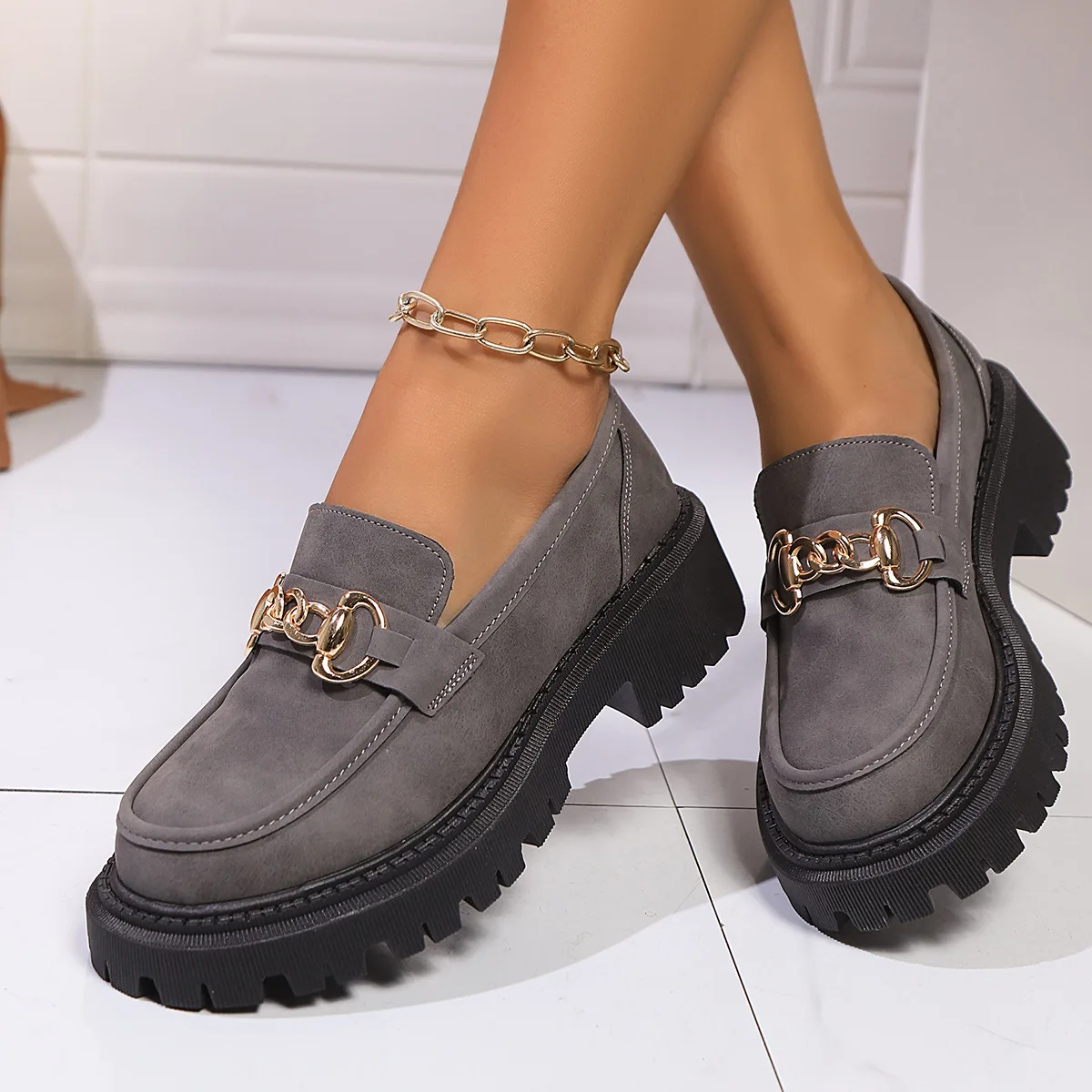 النمط البريطاني المرأة حجم كبير الانزلاق على المتسكعون ربيع جديد سميكة القاع جولة تو حذاء كاجوال بولي Leather الجلود المطاط تسولي #3