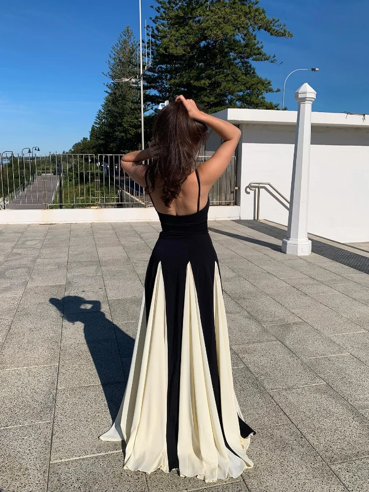 Elegant Contrast Mesh Patchwork Women\'s Maxi Dress Elegant Skinny Backless Suspender A-line Robe Summer Lady Evening Prom Gown