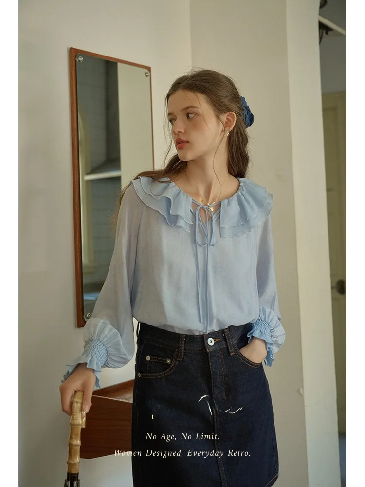 

SimpleRetro Women's Gentle Shirt with Double Layer Lotus Leaf Collar And Subtle Pattern Bamboo Leaf Design Spring Fashion