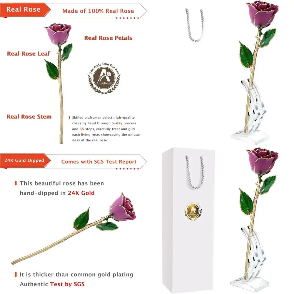 Rosa Real Bañada en Oro de 24K - Diseño Artesanal Único para el Día de San Valentín o el Día de la Madre, con Base