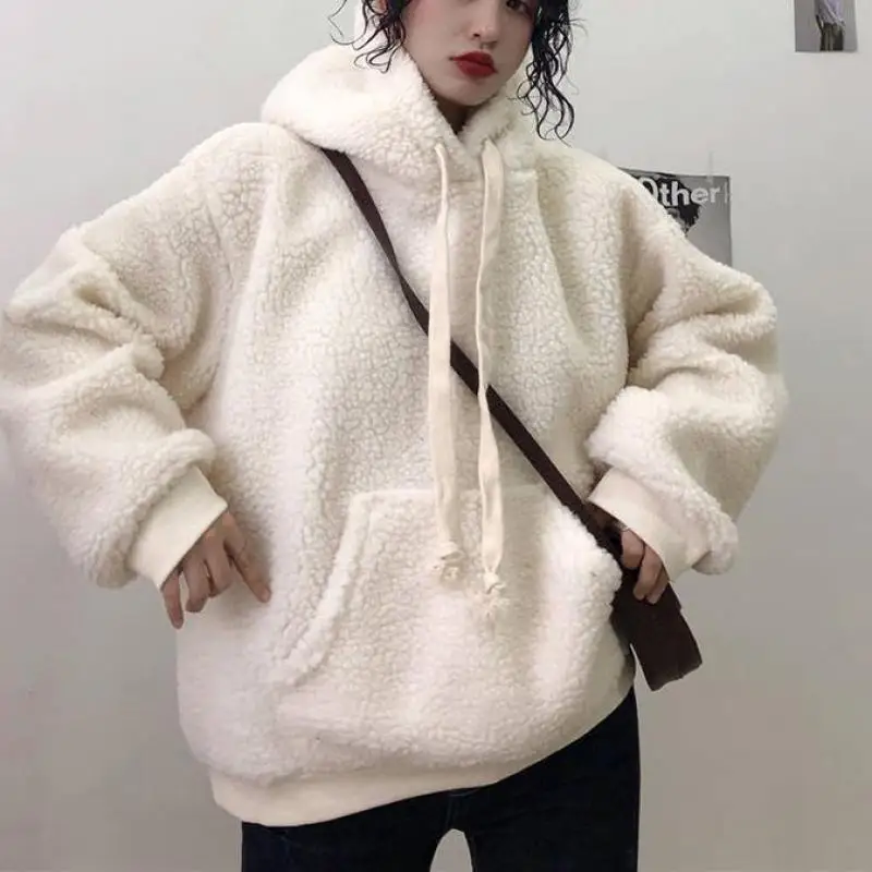 2024 Winter Lamb Plush Warm Jackets Kawaii Bear Embroidery White Plus Velvet Coats Y2k Korean Casual Loose Women Hoodie Brown